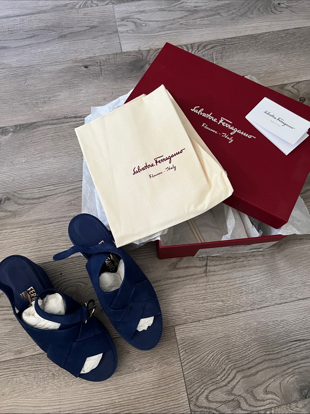 Salvatore Ferragamo Navy Blue Crisscross Slide Sandals